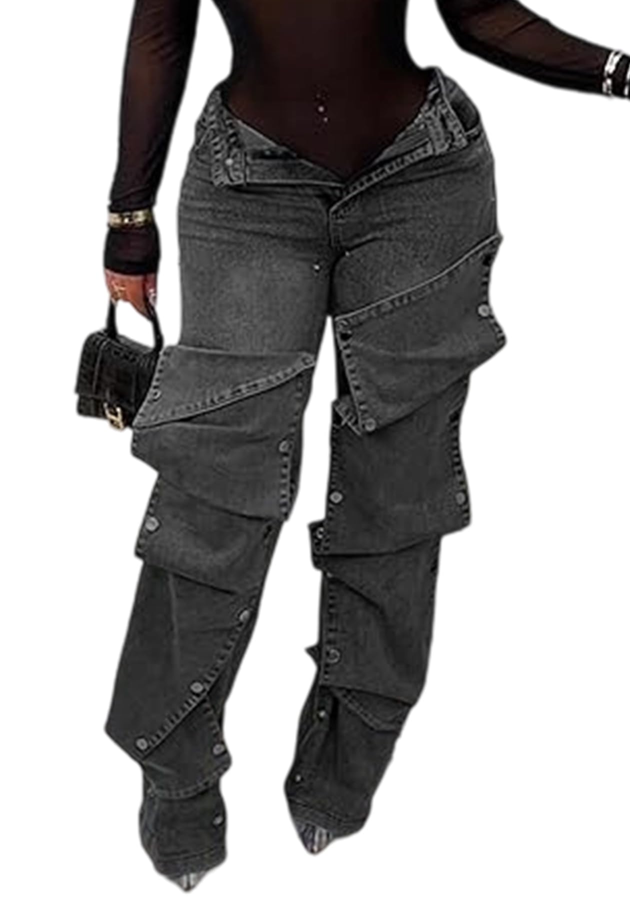 Women's High Waisted Cargo Jeans Straight Wide Leg