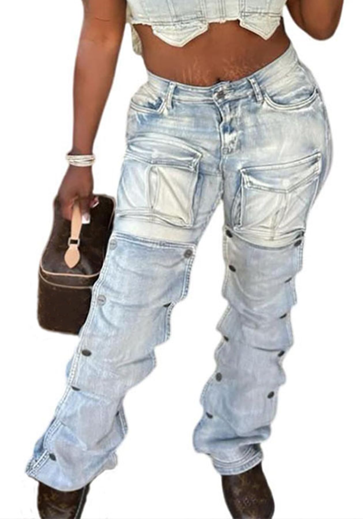 Women's High Waisted Cargo Jeans Straight Wide Leg