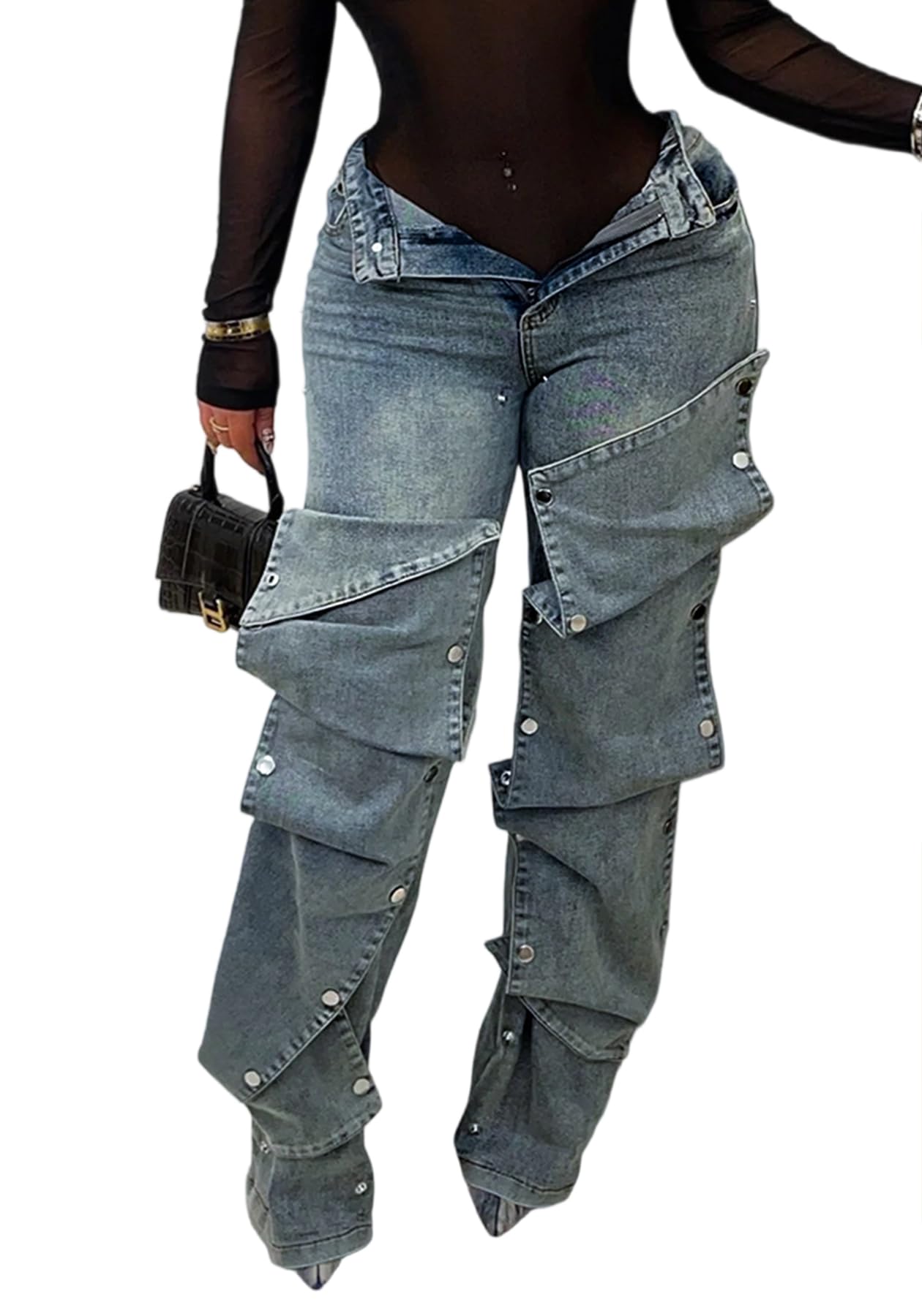 Women's High Waisted Cargo Jeans Straight Wide Leg