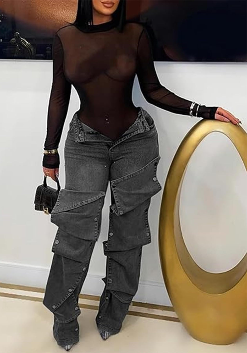 Women's High Waisted Cargo Jeans Straight Wide Leg