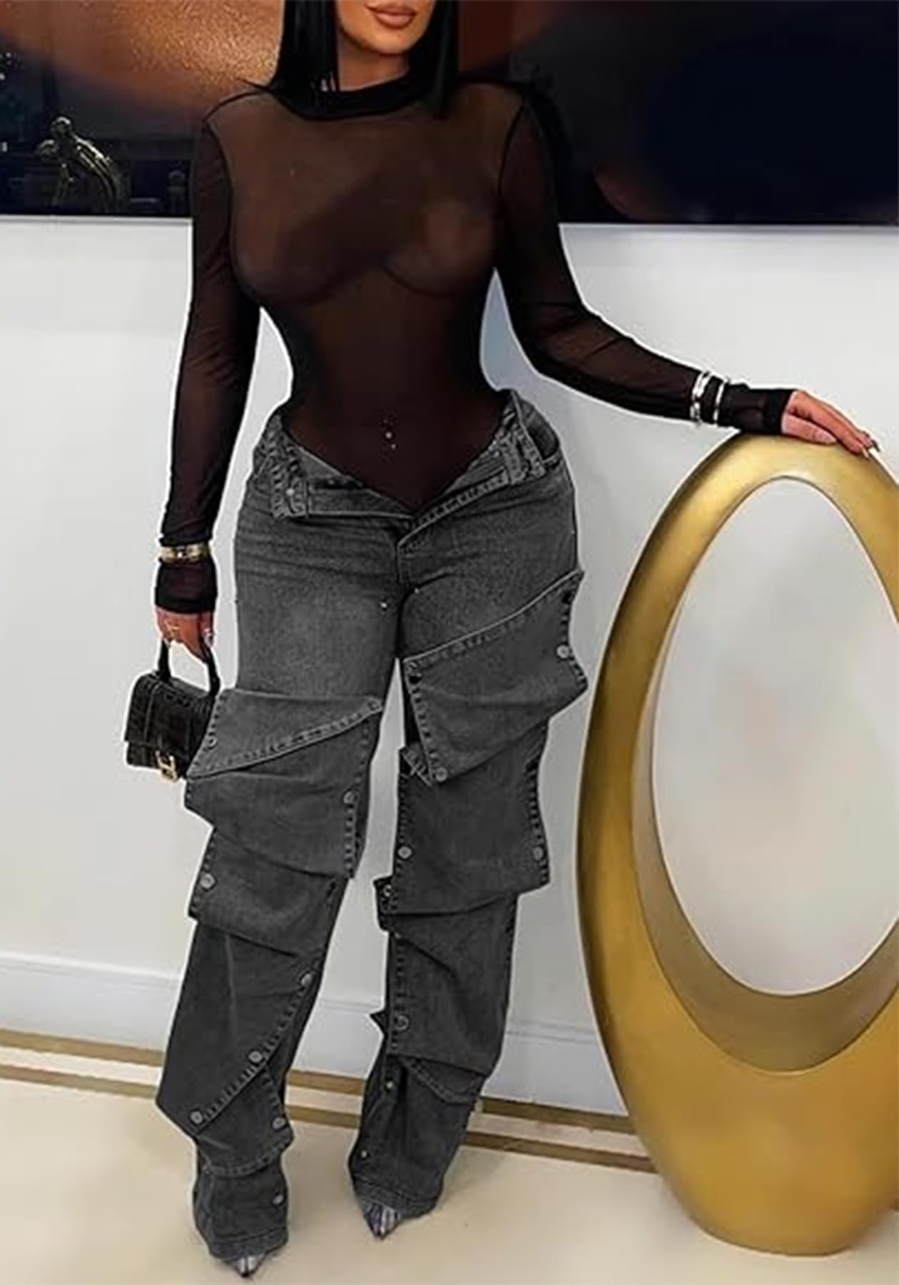 Women's High Waisted Cargo Jeans Straight Wide Leg