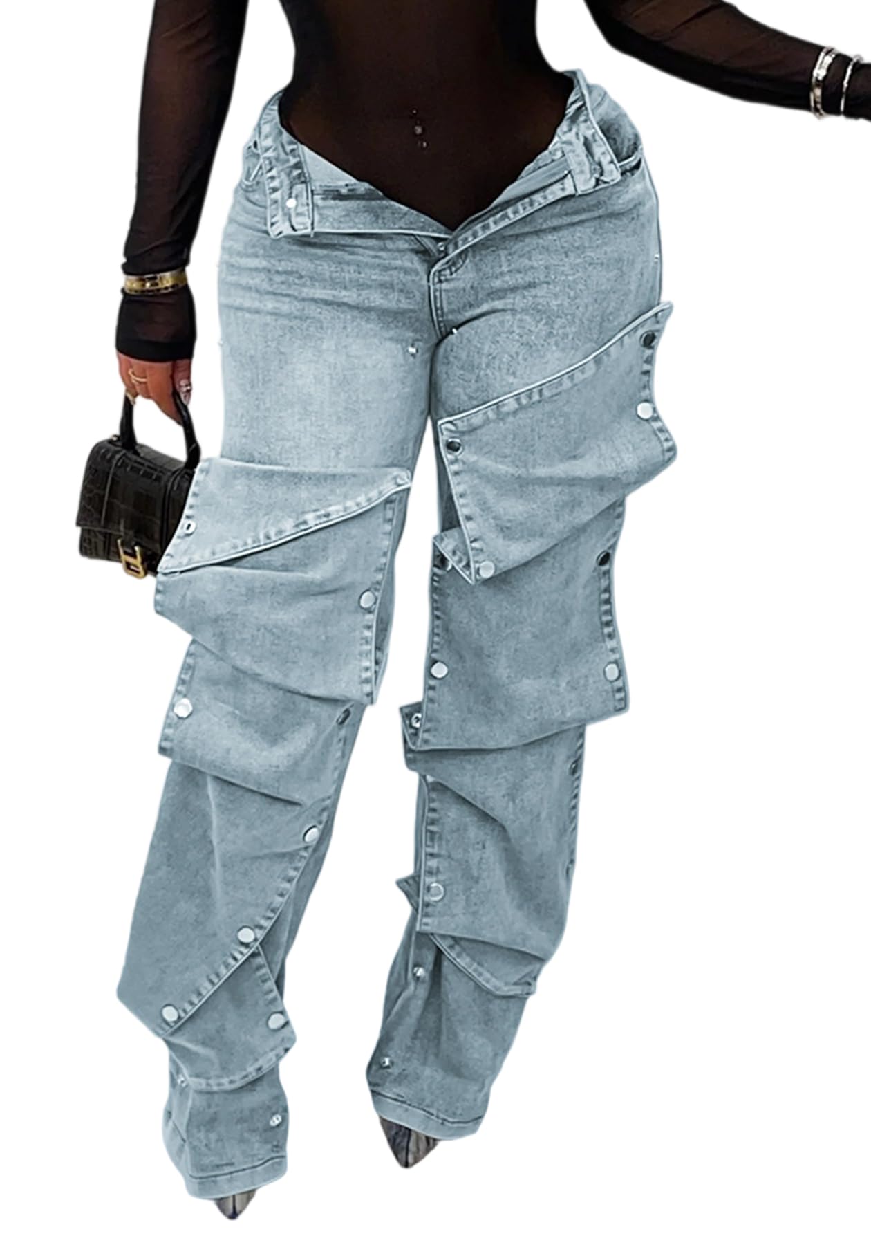 Women's High Waisted Cargo Jeans Straight Wide Leg