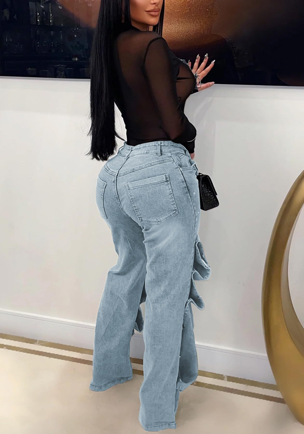 Women's High Waisted Cargo Jeans Straight Wide Leg