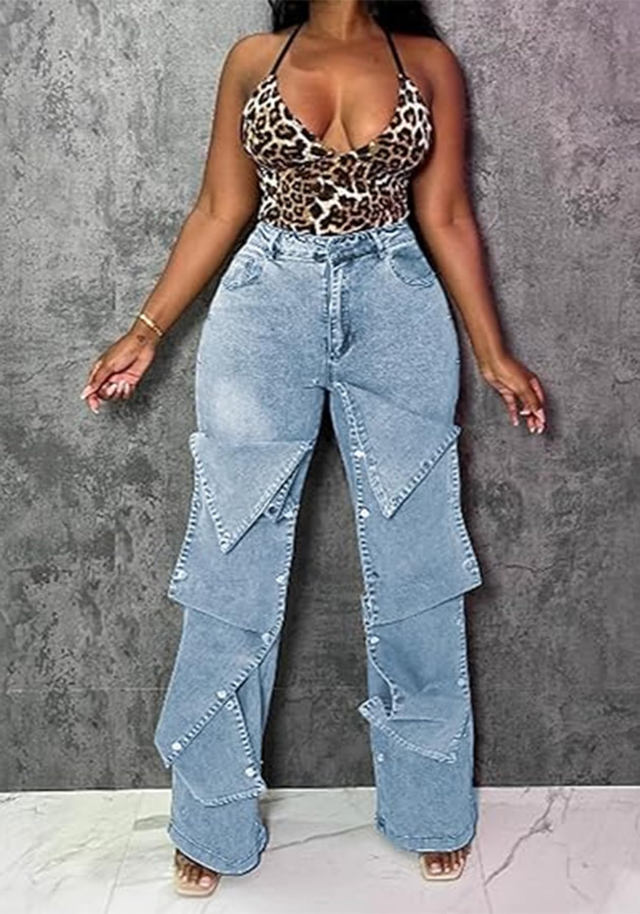 Women's High Waisted Cargo Jeans Straight Wide Leg