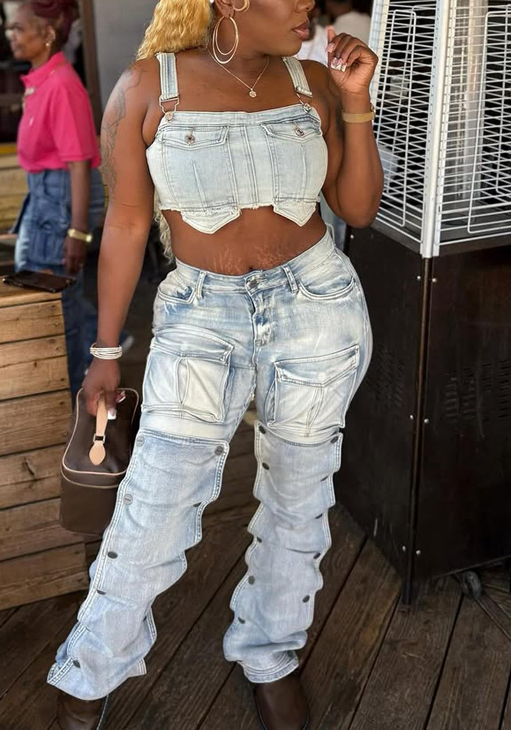 Women's High Waisted Cargo Jeans Straight Wide Leg