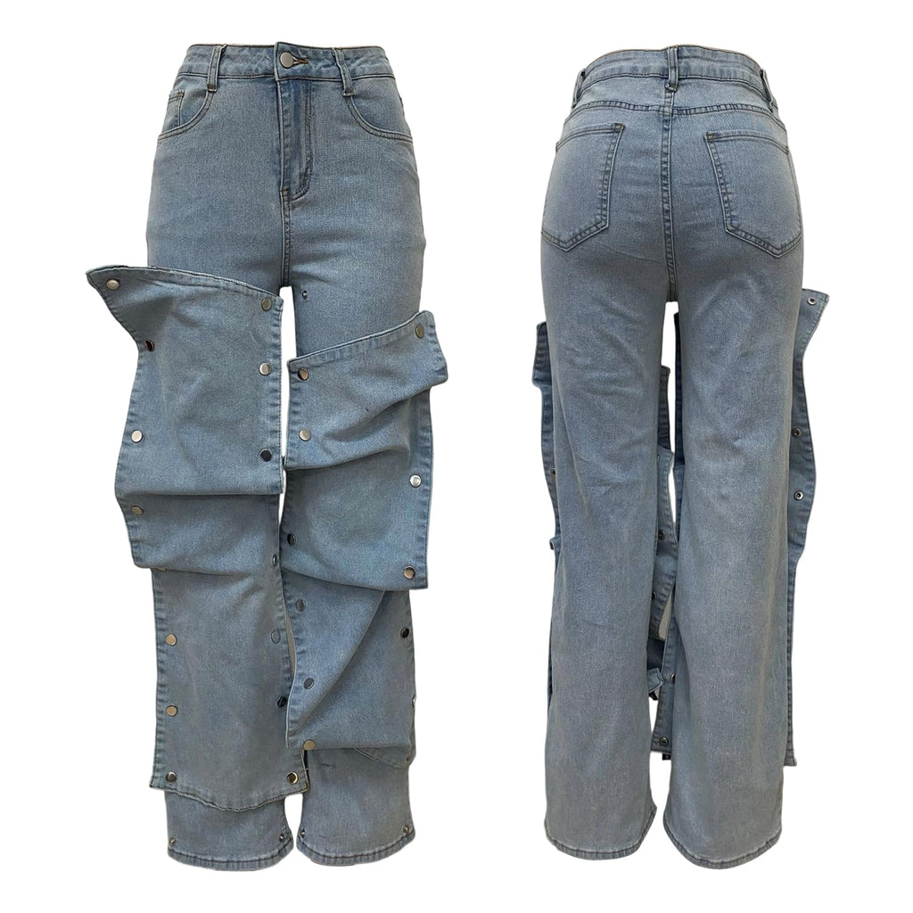 Women's High Waisted Cargo Jeans Straight Wide Leg