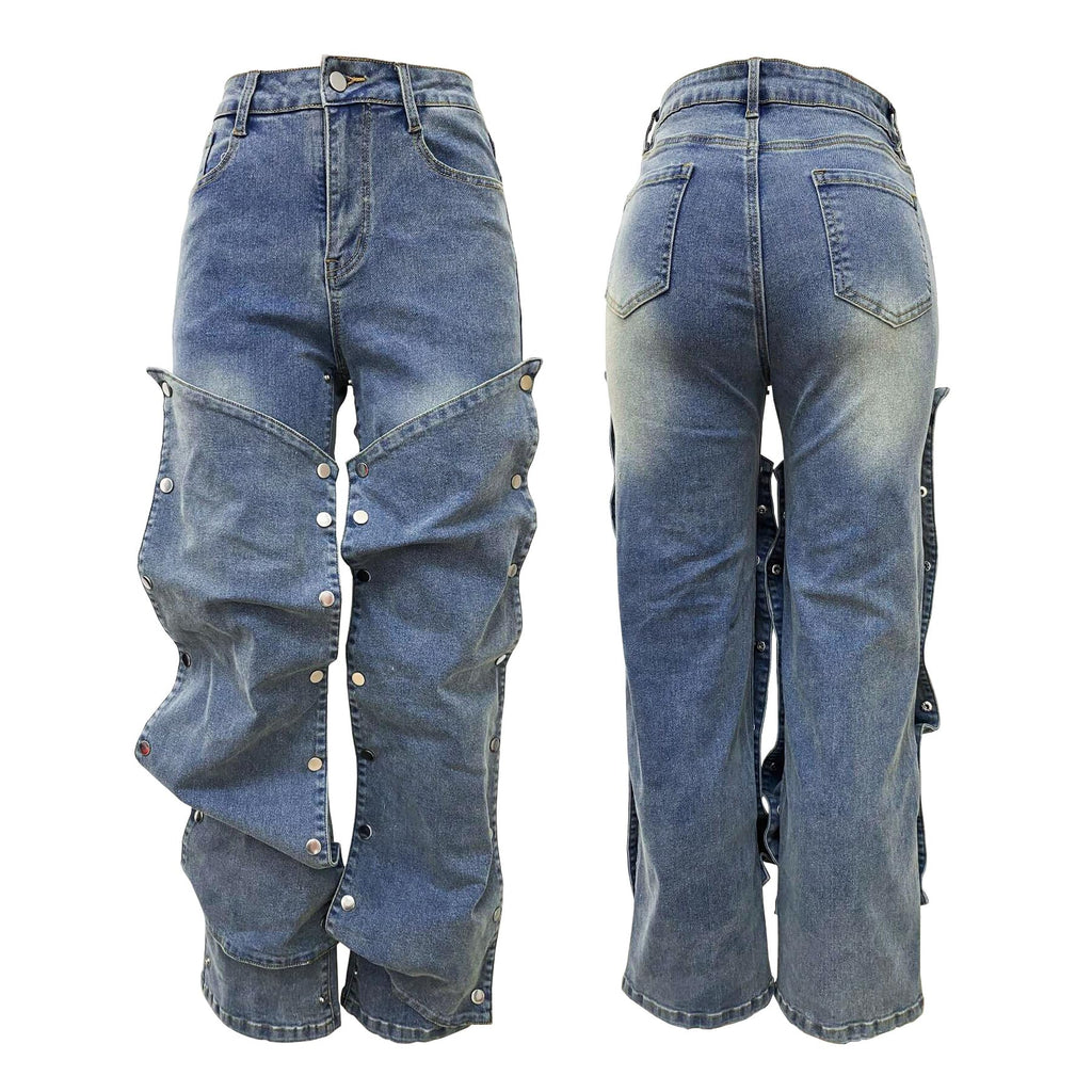 Women's High Waisted Cargo Jeans Straight Wide Leg