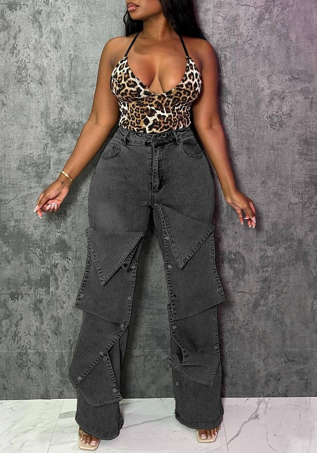 Women's High Waisted Cargo Jeans Straight Wide Leg