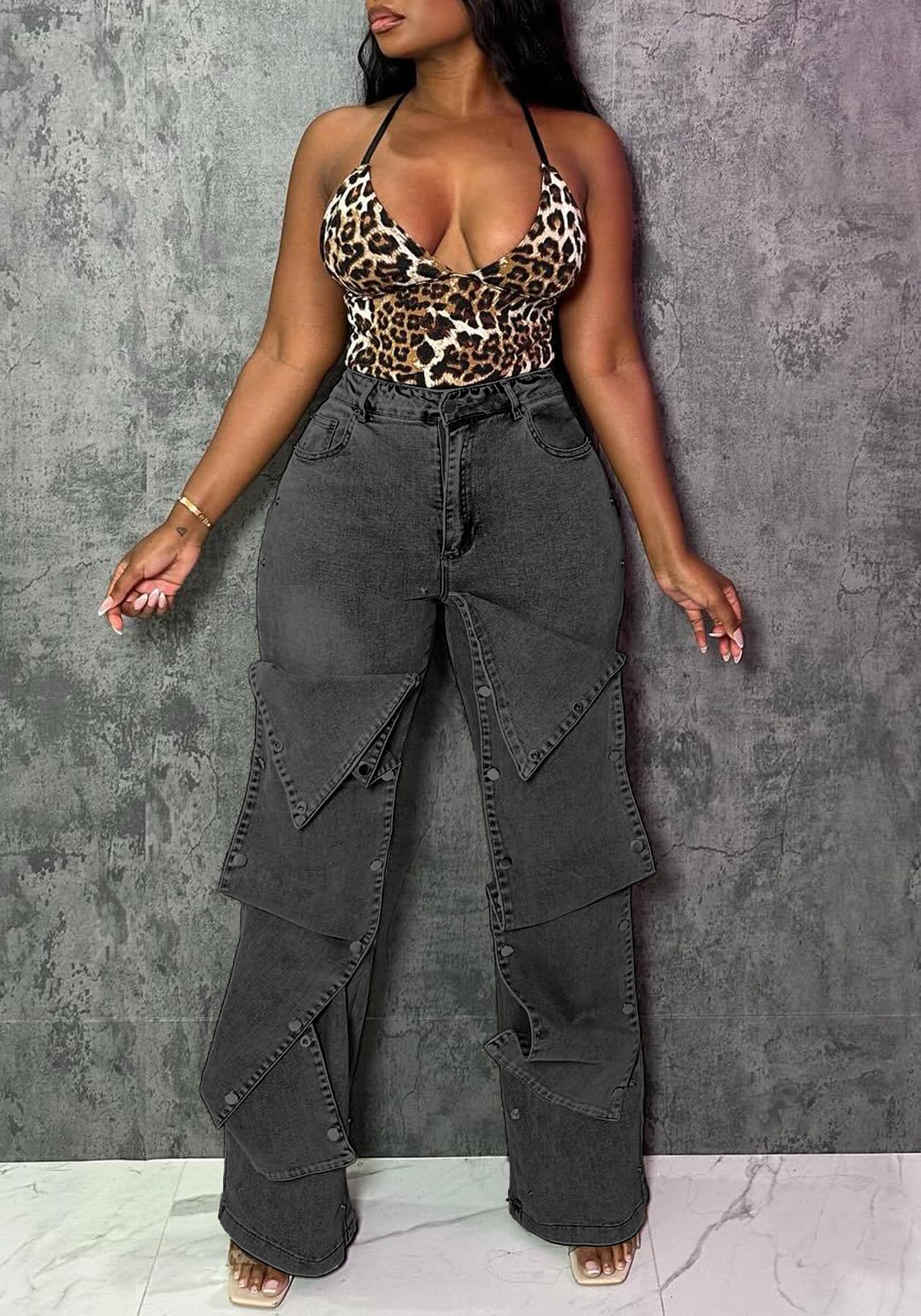 Women's High Waisted Cargo Jeans Straight Wide Leg