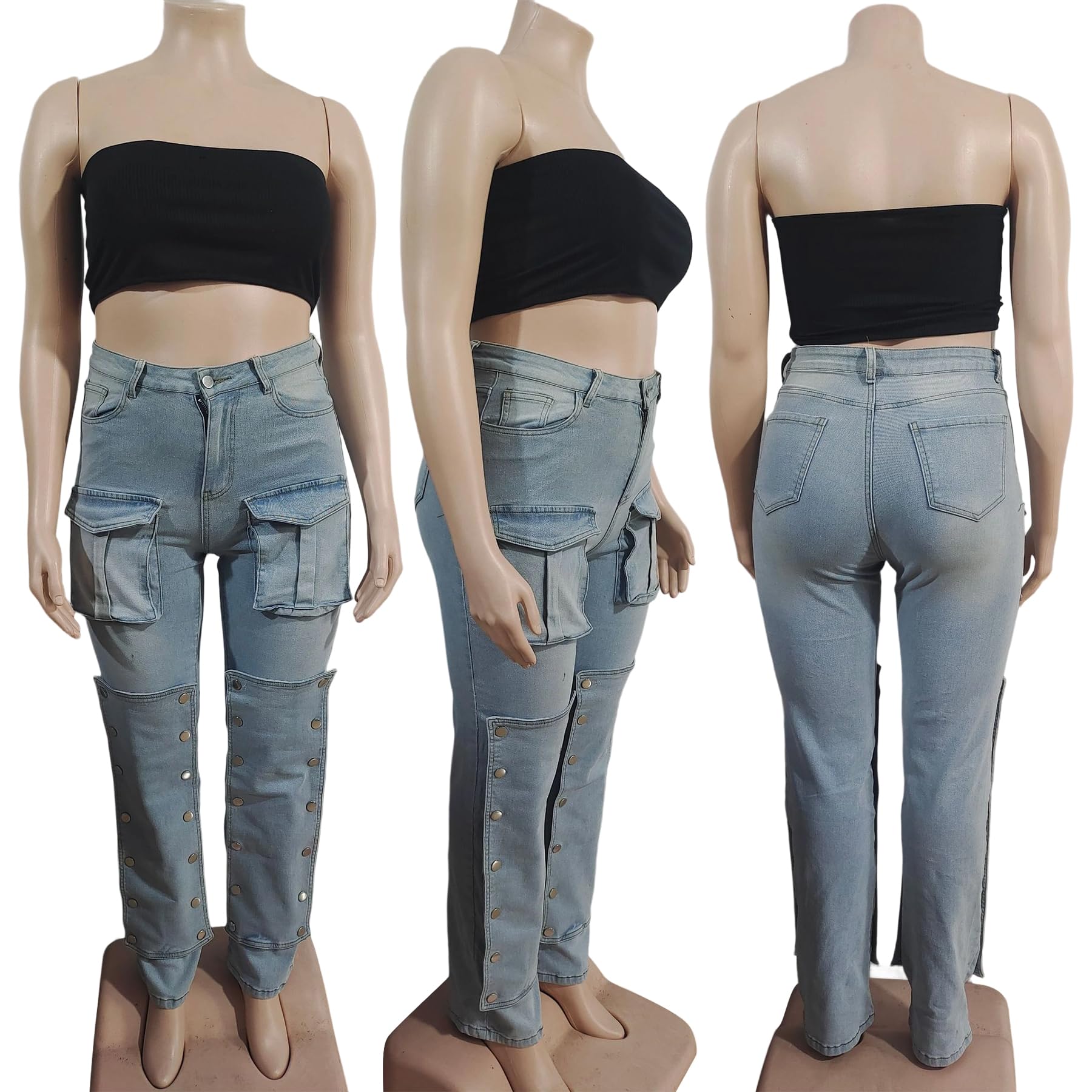 Women's High Waisted Cargo Jeans Straight Wide Leg