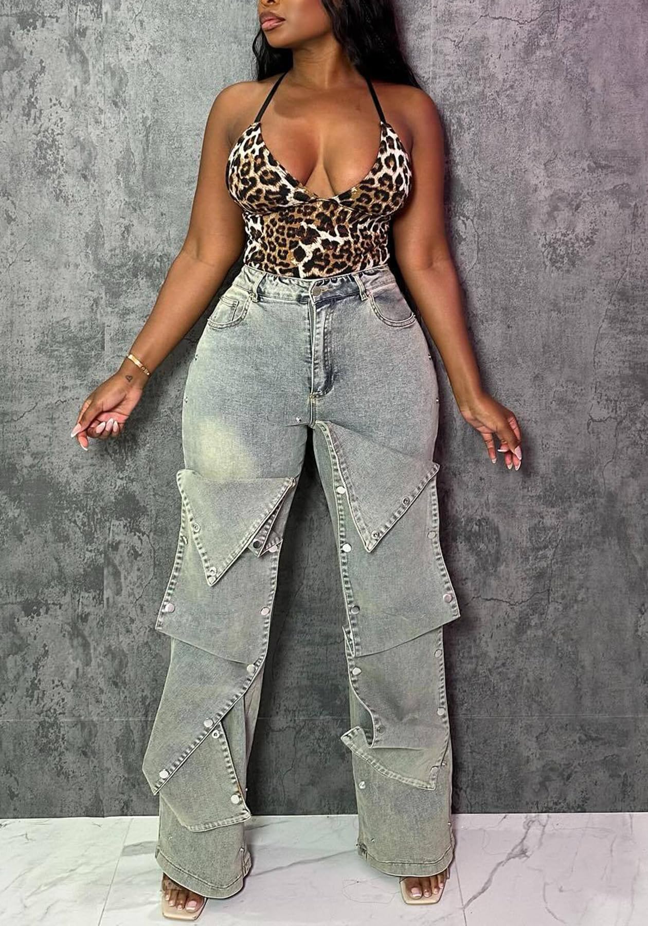 Women's High Waisted Cargo Jeans Straight Wide Leg
