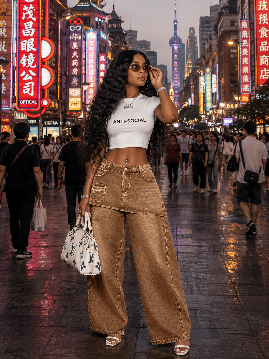 Retro Faux Two-piece Wide-leg Denim Jeans