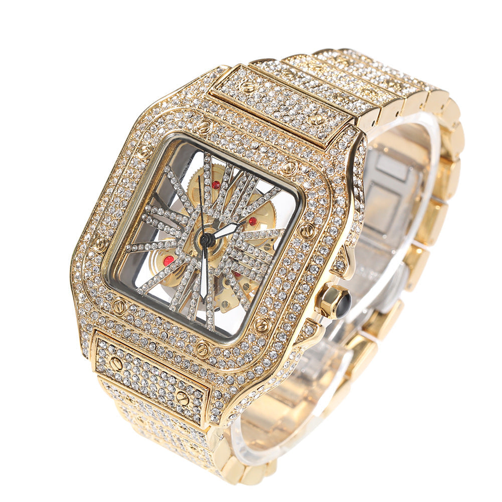 Hip-hop diamond-encrusted hollowed-out square watch — view 6 | DeeLuxe & Co.