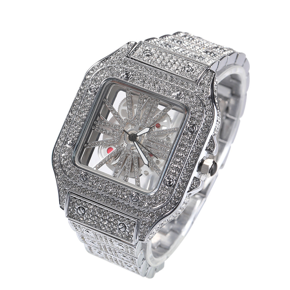 Hip-hop diamond-encrusted hollowed-out square watch — view 5 | DeeLuxe & Co.
