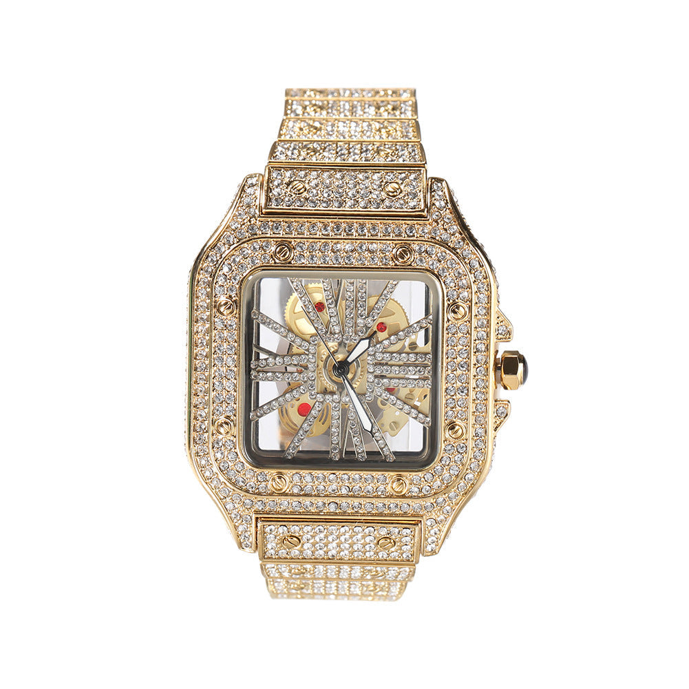 Hip-hop diamond-encrusted hollowed-out square watch — view 7 | DeeLuxe & Co.