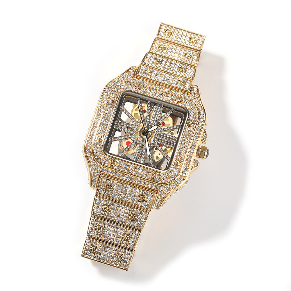 Hip-hop diamond-encrusted hollowed-out square watch — view 8 | DeeLuxe & Co.