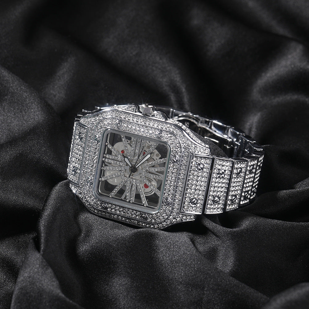 Hip-hop diamond-encrusted hollowed-out square watch — view 3 | DeeLuxe & Co.