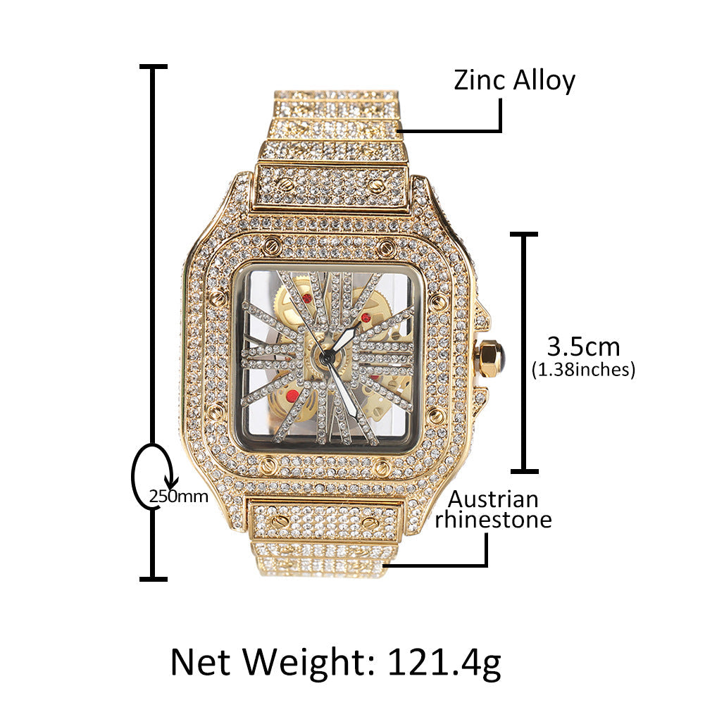 Hip-hop diamond-encrusted hollowed-out square watch — view 2 | DeeLuxe & Co.