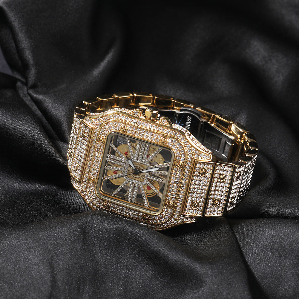 Hip-hop diamond-encrusted hollowed-out square watch — view 4 | DeeLuxe & Co.