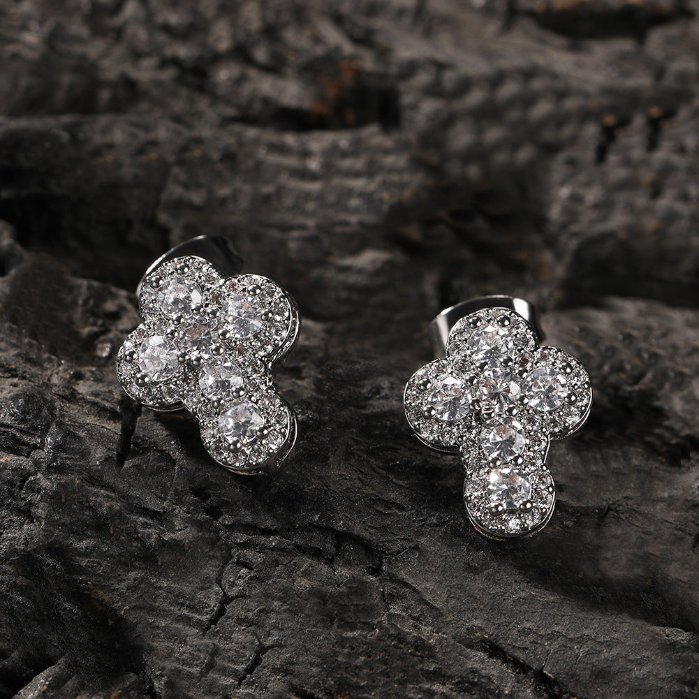 Hip-hop fashion diamond-encrusted cross stud earrings — view 3 | DeeLuxe & Co.