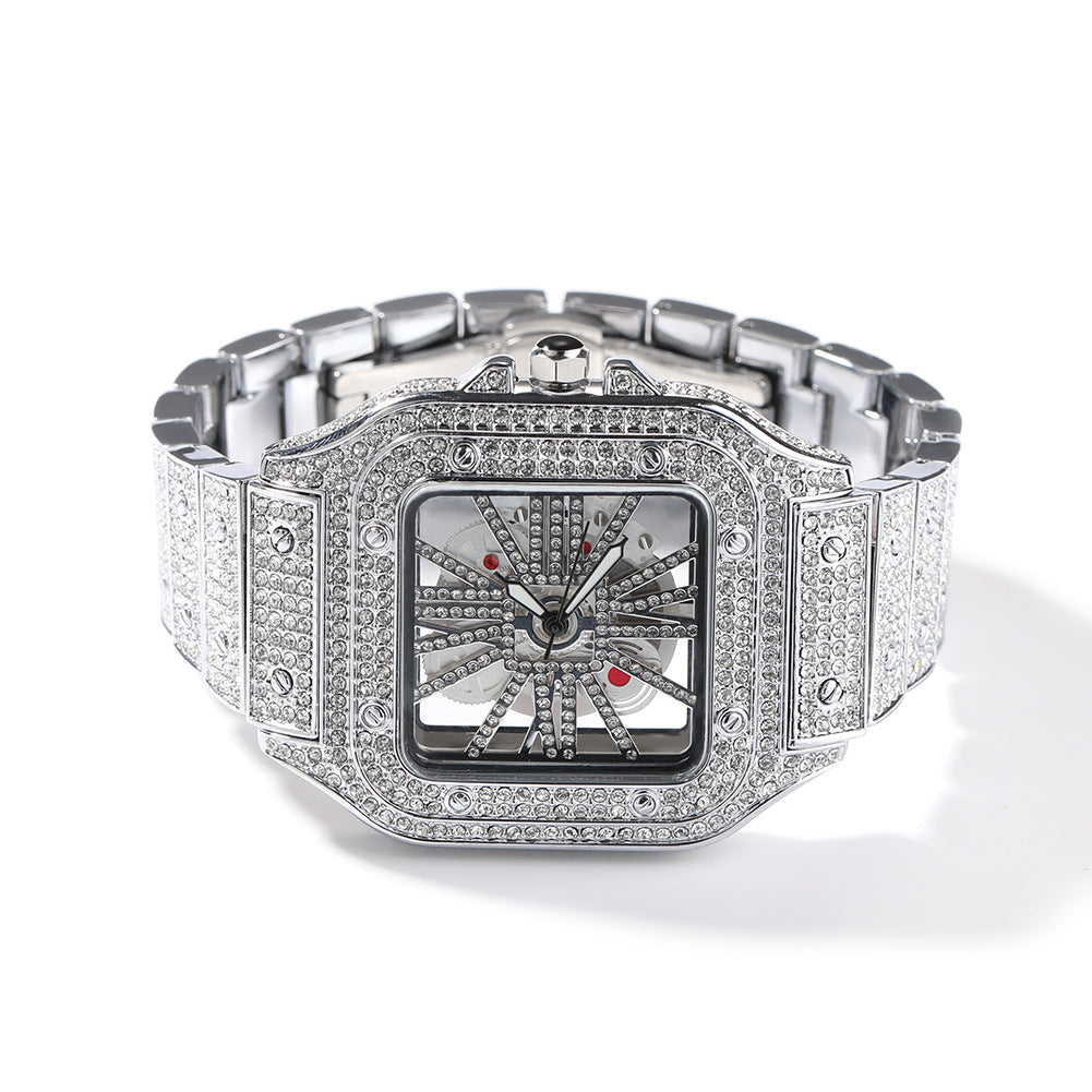 Hip-hop diamond-encrusted hollowed-out square watch — view 9 | DeeLuxe & Co.