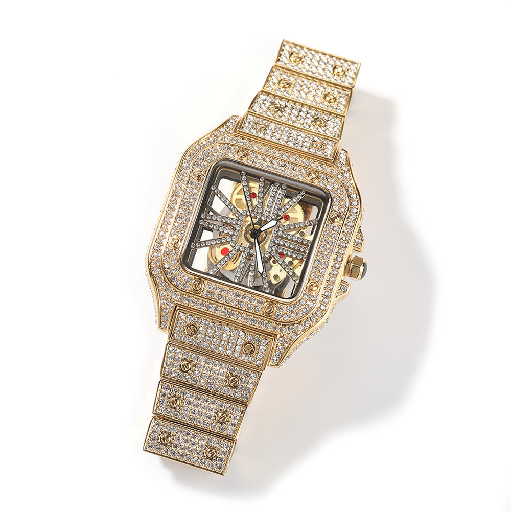 Hip-hop diamond-encrusted hollowed-out square watch | DeeLuxe & Co.